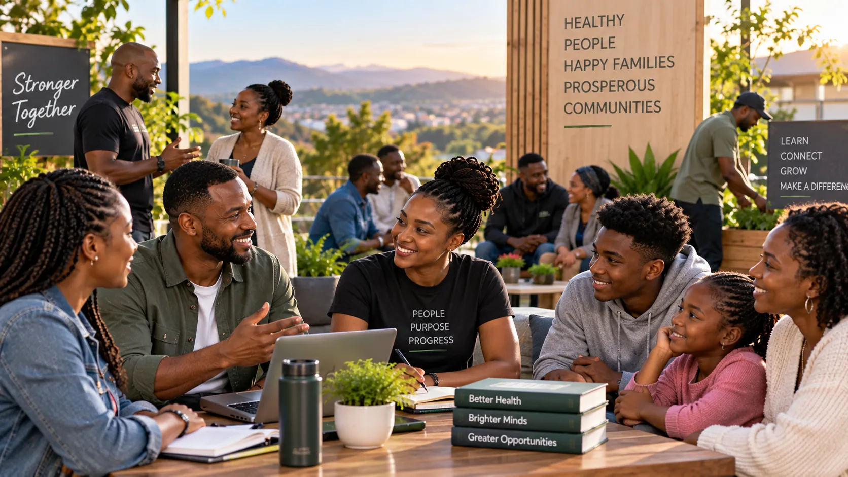 People enjoying a healthy community setting at sunset